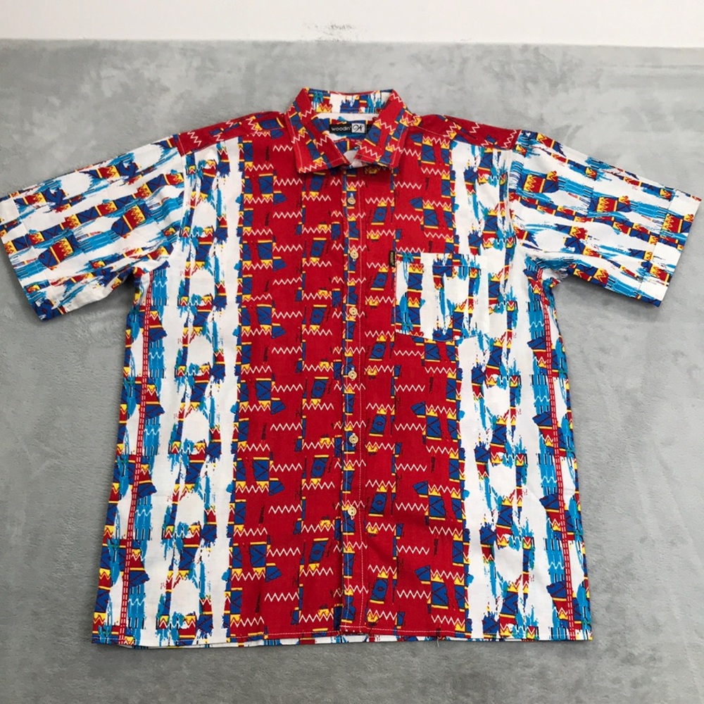 Woodin African Abstract Short Sleeve Button Down Shirt Size L